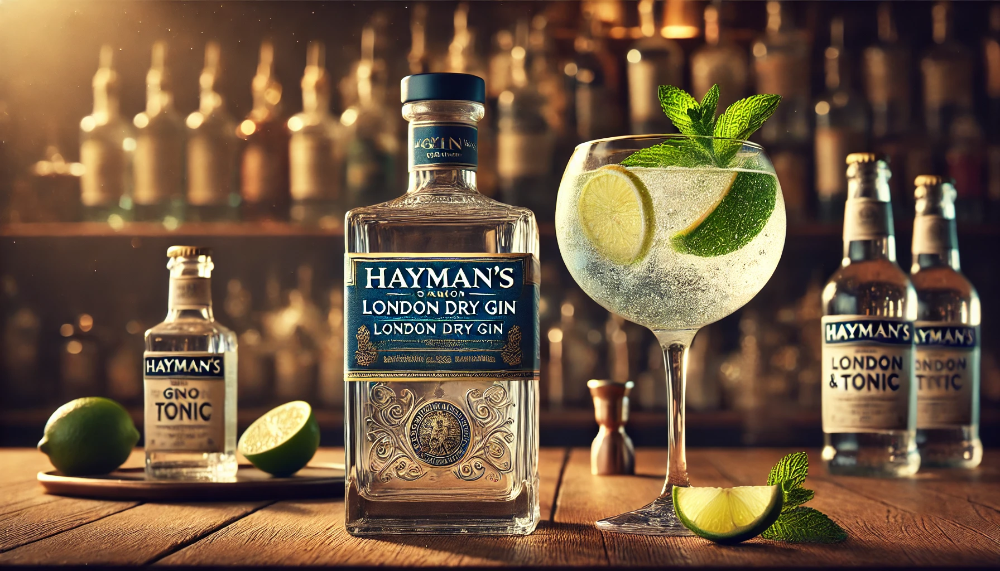 Бутель джину Hayman’s London Dry Gin на дерев'яному барному столику, з коктейлем Gin & Tonic, прикрашеним скибочкою лайма і свіжою м’ятою.